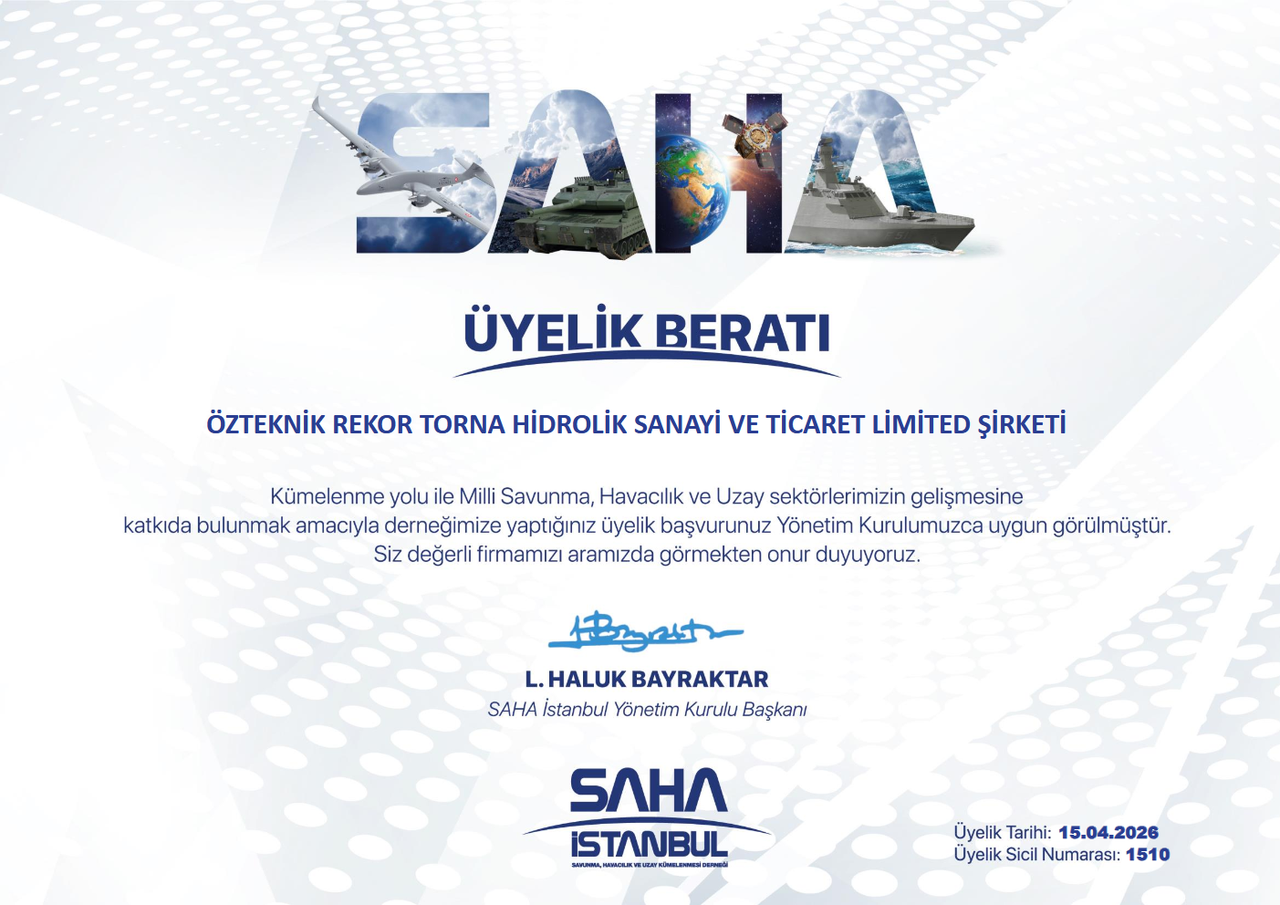 Özteknik Rekor SAHA İstanbul Üyelik Beratı